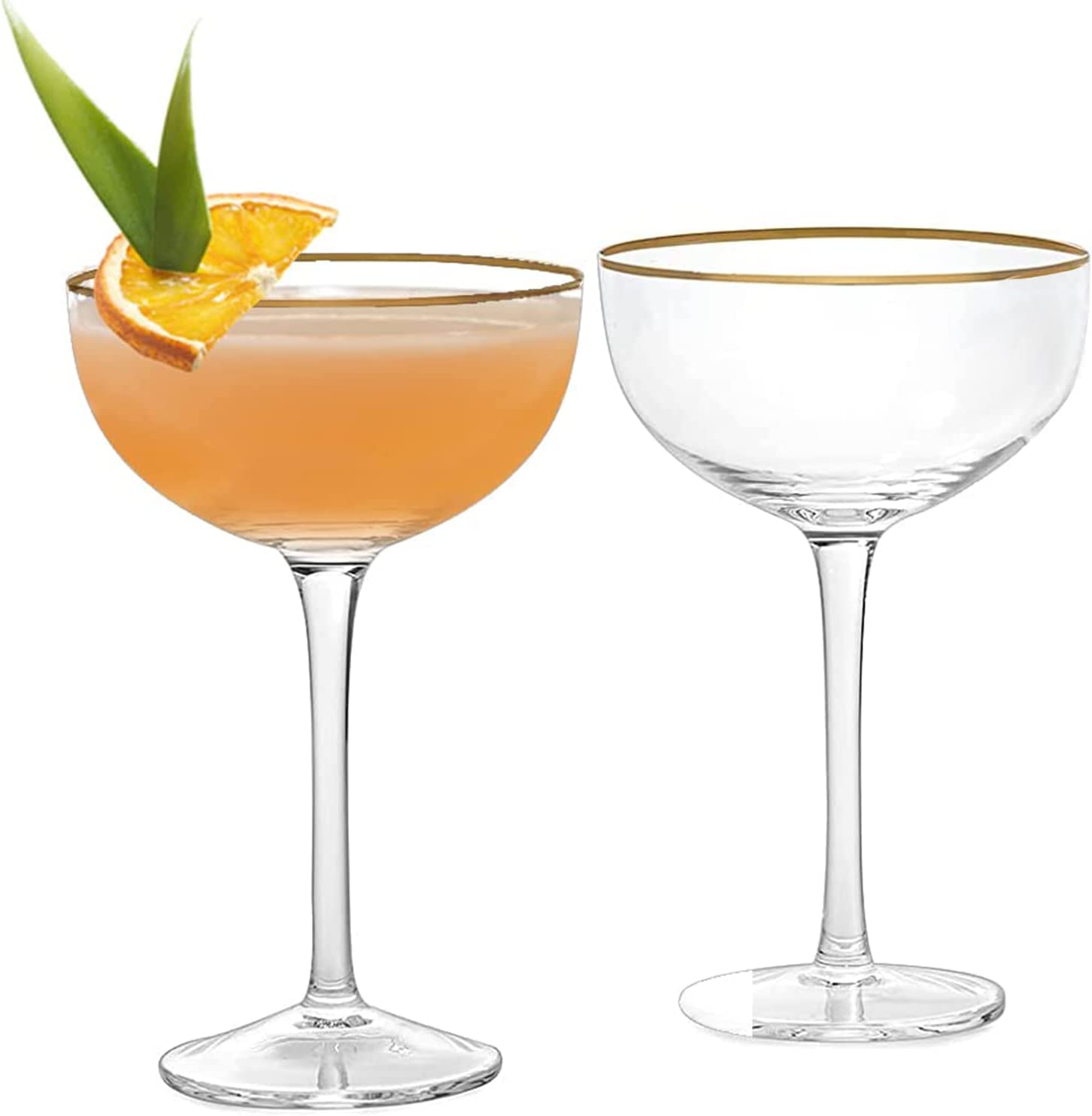 Vintage Crystal Champagne Coupe Gold Rim Glasses | Set of 2 | 7 oz, Gilded Rim Classic Cocktail Glassware - Martini, Manhattan, Cosmopolitan, Sidecar, Daiquiri | 1920s Style Saucer Goblets | Gift Box-6