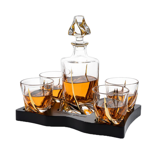 European Style Gold Wine & Whiskey Gold Twist Spiral Decanter 855ml with 4 Glasses & Wood Tray Set by The Wine Savant - For Home Bar Liquor, Spirits, Scotch, & Bourbon Gift for Him-0