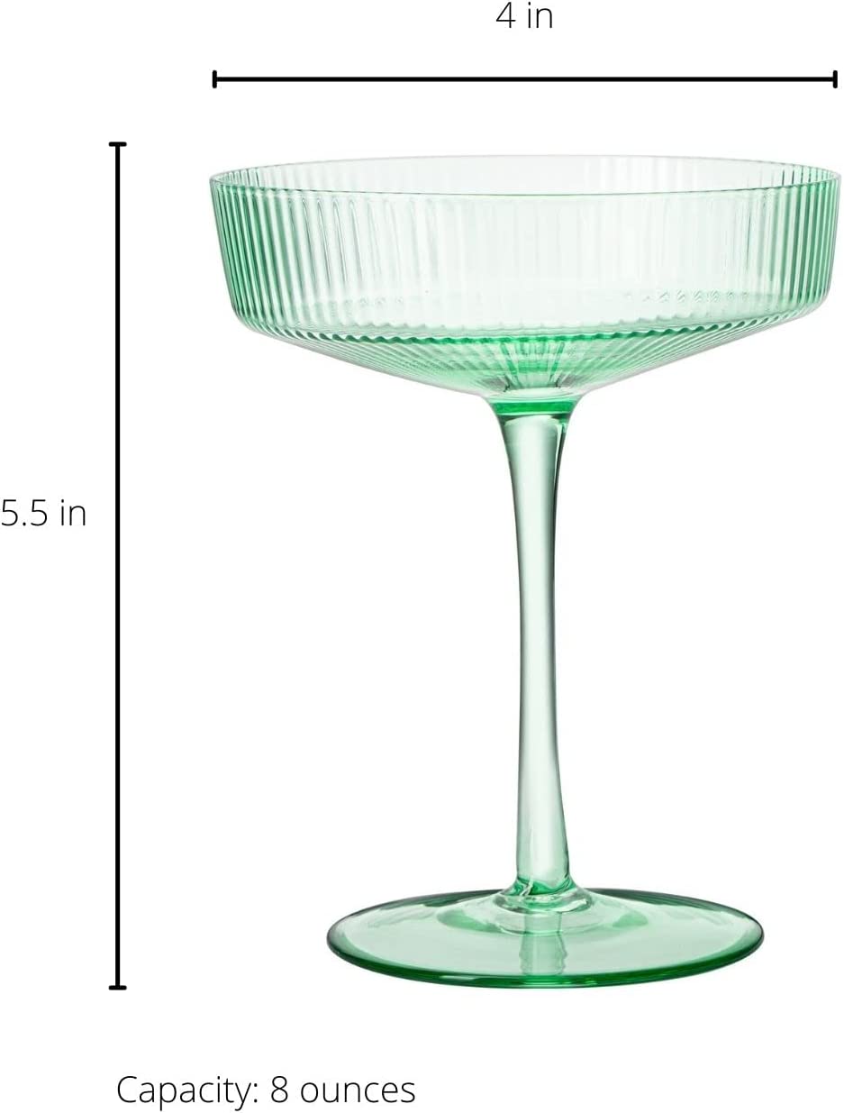 Ribbed Coupe Cocktail Glasses 8 oz | Set of 2 | Classic Manhattan Glasses For Cocktails, Champagne Coupe, Ripple Coupe Glasses, Art Deco Gatsby Vintage, Crystal with Stems (Green, Set of 2)-6