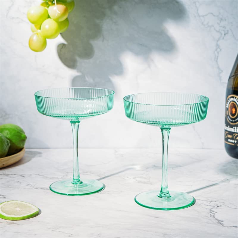 Ribbed Coupe Cocktail Glasses 8 oz | Set of 2 | Classic Manhattan Glasses For Cocktails, Champagne Coupe, Ripple Coupe Glasses, Art Deco Gatsby Vintage, Crystal with Stems (Green, Set of 2)-3