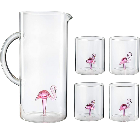 The Wine Savant Flamingo Pitcher & 4 Glasses Set Decanter with 4 Pink Flamingo Glasses 9oz Elegant Glass Set, Great for Water Iced Tea, Sangria, Lemonade, and More! 1300ml 9" H, Cute!-0