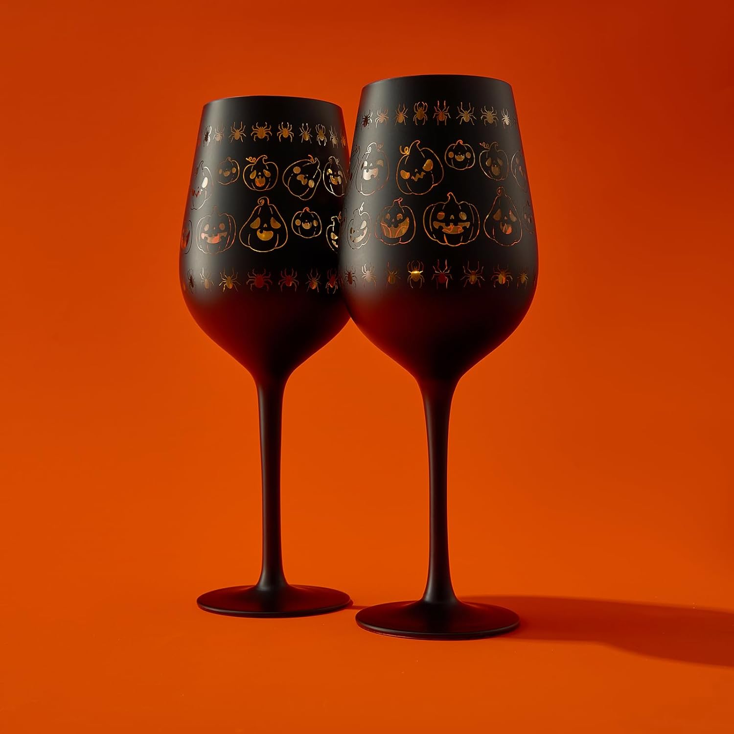 Crystal Halloween Stemmed Wine Glasses - Set of 2 - Pumpkin Themed Vibrant Black & Gold Spooky Ghost Pattern Frosted Glass, Perfect for Themed Gothic Parties Trick Or Treat Gifts for Him Her (16 OZ)-1