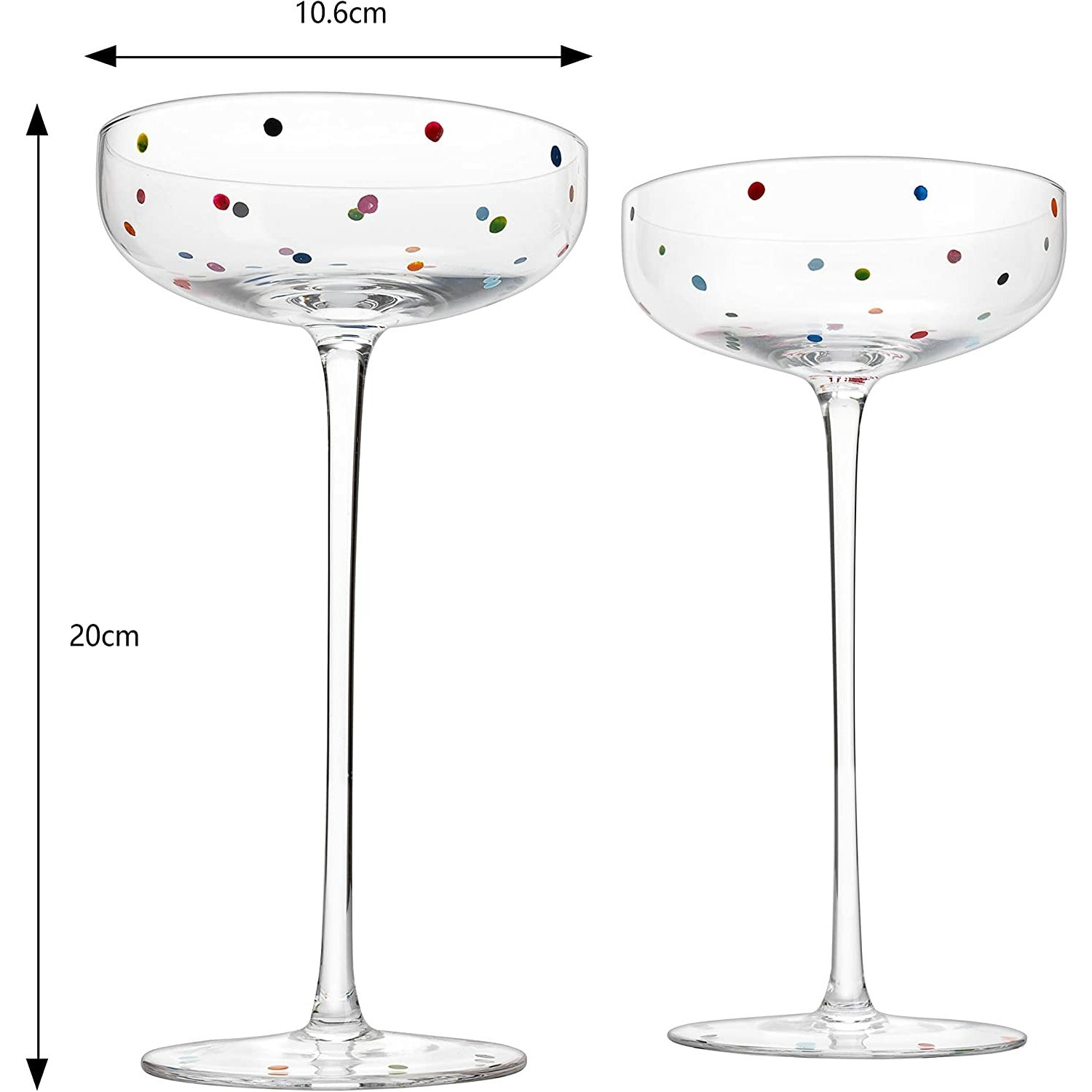 Polka Dot Champagne Coupe Glasses Set of 2 8.8 oz by The Wine Savant - Polka Dot Rainbow Colored Glasses, Cocktail Glassware, Polka Dot Gifts Damien Hirst, Gift Idea For Everyday, Weddings, Parties-5