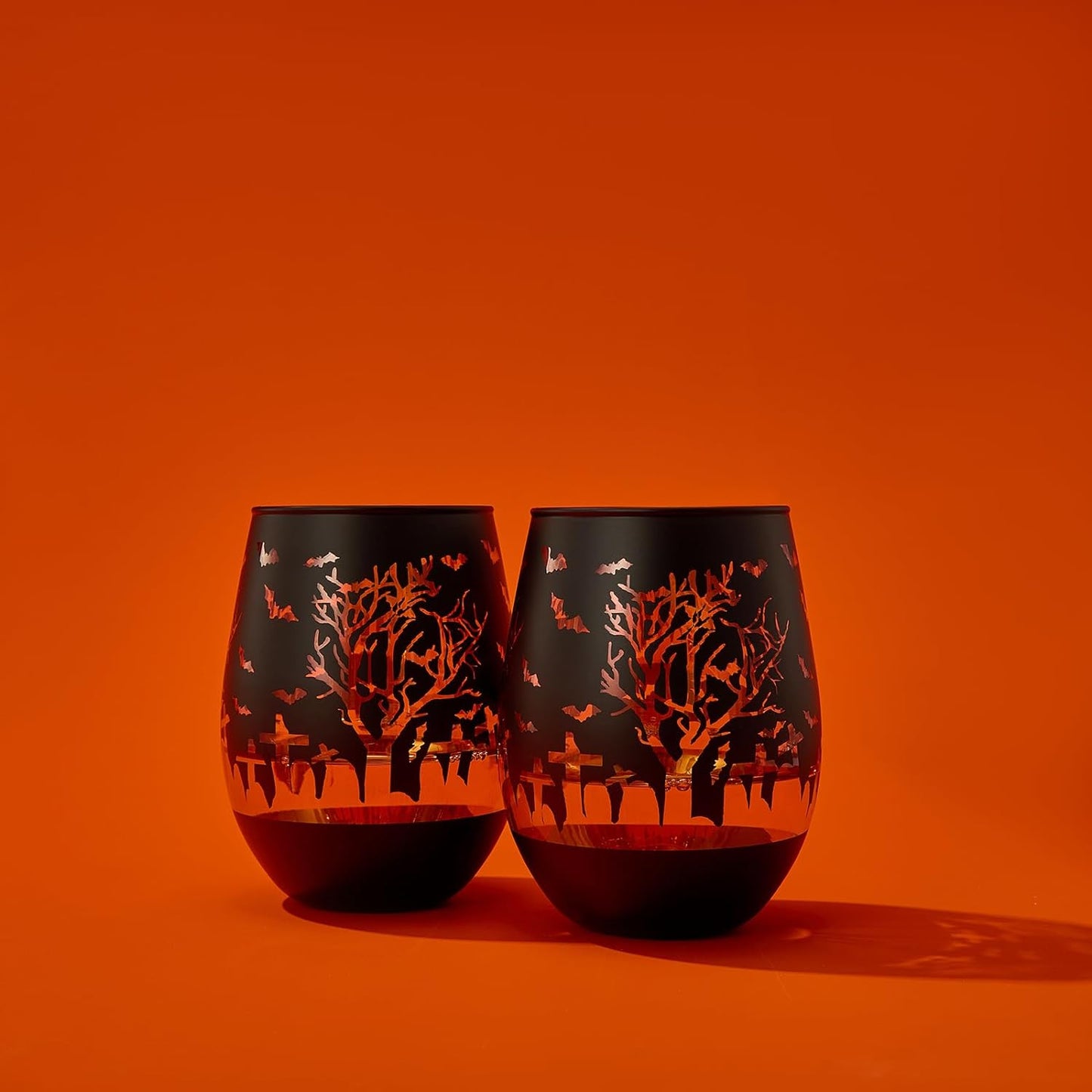 Crystal Halloween Stemless Wine Glass - Set of 2 - Themed Vibrant Black & Gold Etched Spooky Graveyard Pattern Frosted Glass, Perfect for Themed Gothic Parties Trick Or Treat Gift For Him Her (16 OZ)-1