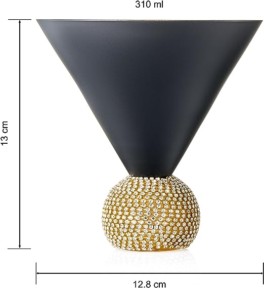 The Wine Savant Diamond Studded Martini Glasses Set of 2 Black & Gold Rimmed Modern Cocktail Glass, Rhinestone With Stemless Crystal Ball Base, Bar or Party 10.5oz, Swarovski Style Crystals-2
