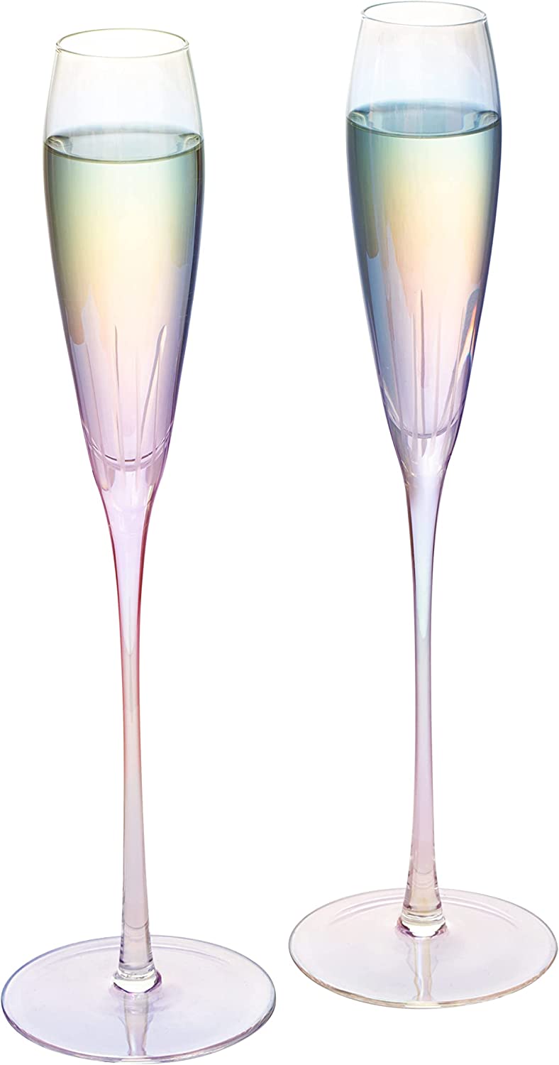 Parisian Performance Glassware French Paris Collection Crystal Pink Glasses, Red & White Wines - The Wine Savant - For Weddings Present Everyday Beautiful Gift Anniversary (Iridescent Champagne 2 set)-4