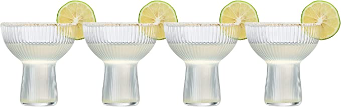 Ribbed Stemless Margarita Glasses with Gold Rim - Set of 4 - Hand Blown Luxury Coupe Cocktail, Martini & Champagne Glasses for Spring & Summer – Large Party, Elegant Ripple Design, Gilded Rim (10 OZ)-5