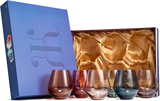 Colored Stemless Crystal Wine Glass Set of 6, Gift For Her, Him, Wife, Friend - Large 16 oz Glasses, Unique Italian Style Tall Drinkware - Red & White, Dinner, Color Beautiful Glassware - (Pastel)-4