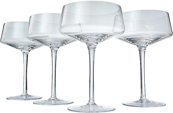 Luxury Martini Glass Set of 4 | 10oz | Crystal Luxury Martini with Silver Spoon, Premium Hand-Blown | Classic Cocktail & Champagne Clear Coupes For Manhattan, Cosmopolitan, Sidecar, Speakeasy Goblets-4