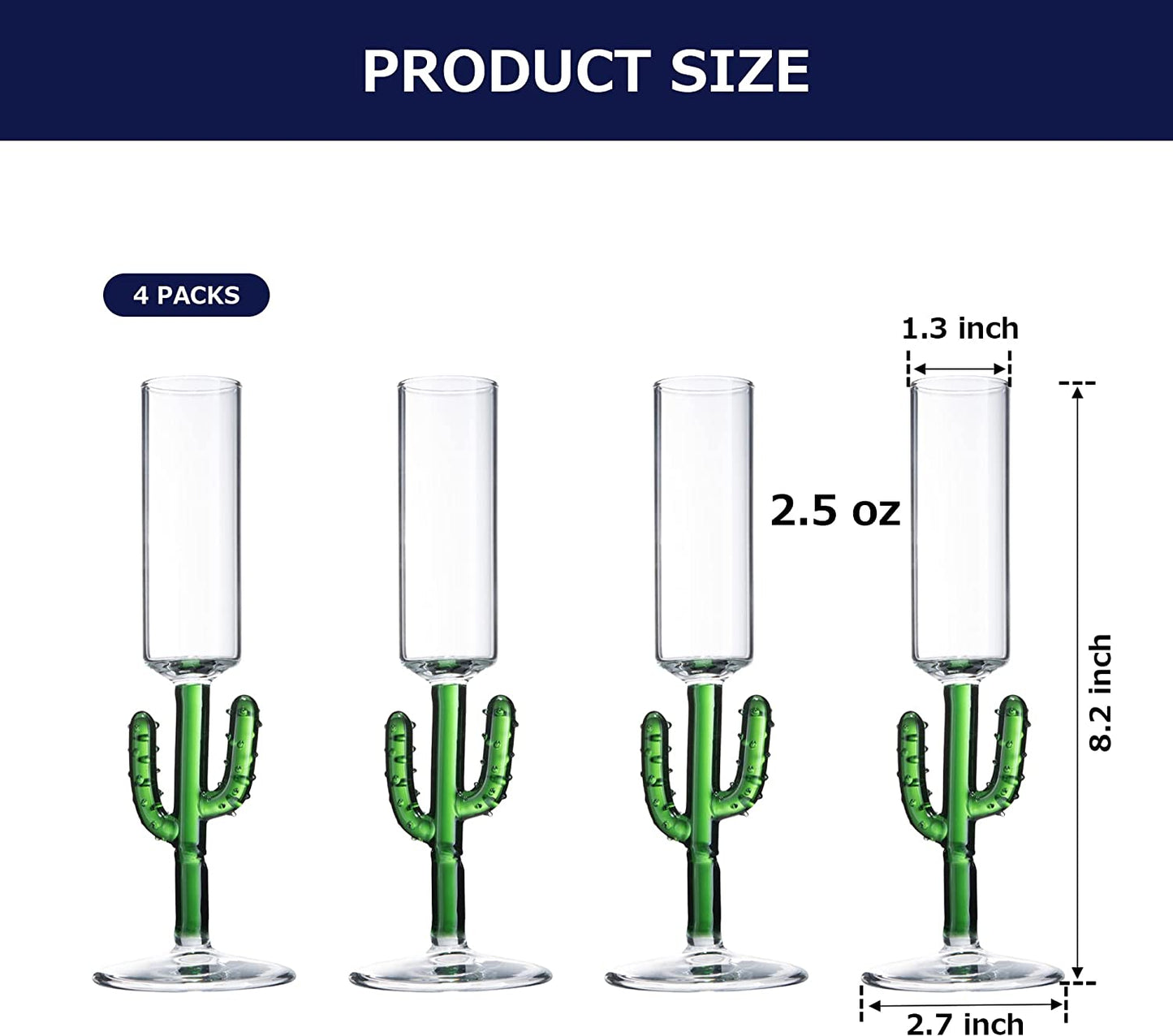 Cactus Shot Glasses 2.5oz - Cactus Gifts - Set of 4 - Green Colored Glass Blown Figurines Plant Decorations - Shot Glass Cocktail Glasses Wedding Party Glasses, Great for Parties 1.75"H - Handblown-5