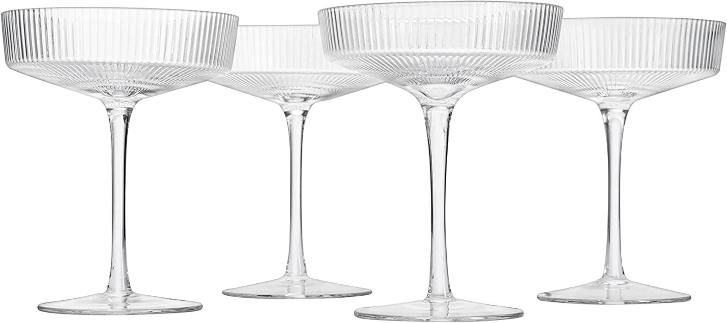 Ribbed Coupe Cocktail Glasses 8 oz | Set of 4 | Classic Manhattan Glasses For Cocktails, Champagne Coupe, Ripple Coupe Glasses, Art Deco Gatsby Vintage, Crystal with Stems (Clear)-5