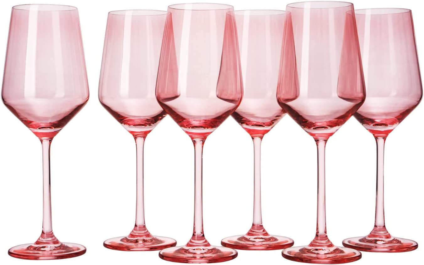 Set of 6 Colored Wine Glasses - 12 oz Hand Blown Italian Style Crystal Bordeaux Wine Glasses - Premium Stemmed Colored Glassware - Unique Drinking Glasses (6, Rose)-2