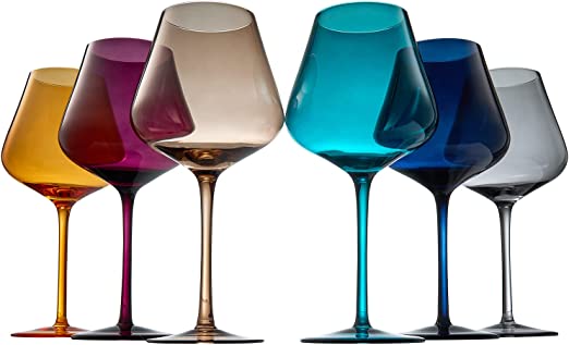 Jewel Colored Crystal Wine Glass Set of 6, Gift For Mothers, Her, Wife, Mom Friend - Large 20 oz Glasses, Unique Italian Style Tall Drinkware - Red & White, Dinner, Color Beautiful Glassware - (Jewel)-3
