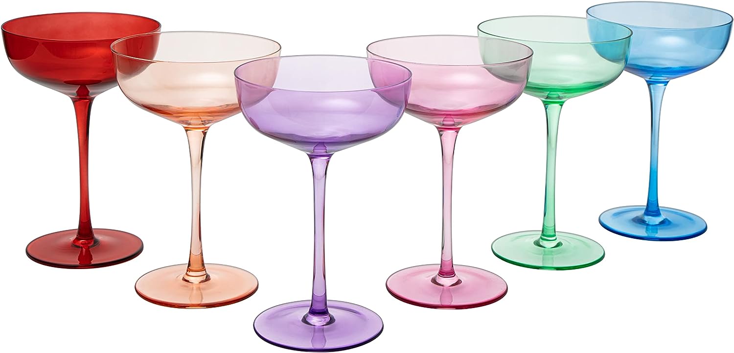 Colored Coupe Glasses | Set of 6 | 7 oz Classic Cocktail Glassware for Champagne, Martini, Manhattan, Cosmopolitan, Crystal Speakeasy Style Goblets Stems, Elegantly Color (Classic Multicolor)-3