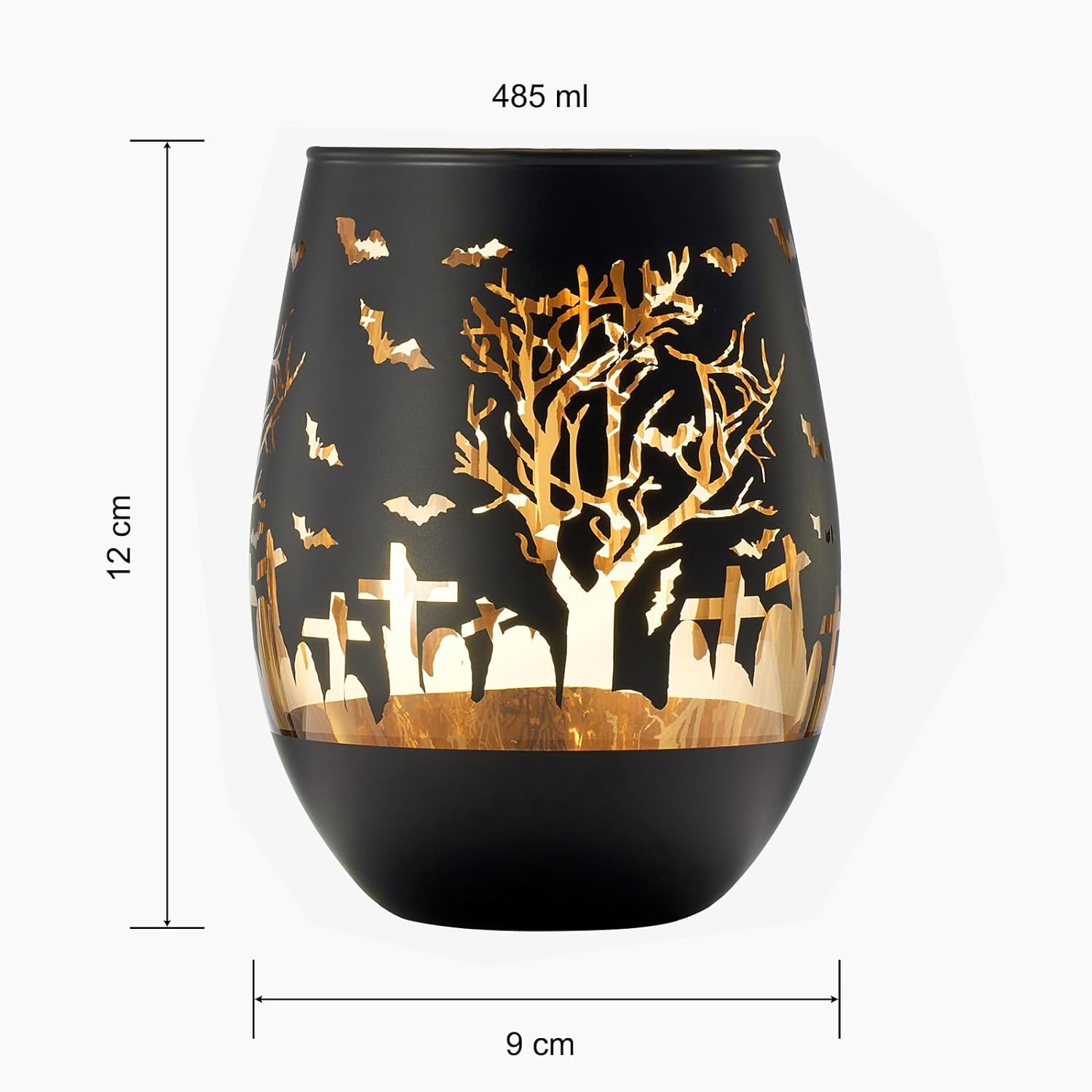 Crystal Halloween Stemless Wine Glass - Set of 2 - Themed Vibrant Black & Gold Etched Spooky Graveyard Pattern Frosted Glass, Perfect for Themed Gothic Parties Trick Or Treat Gift For Him Her (16 OZ)-4