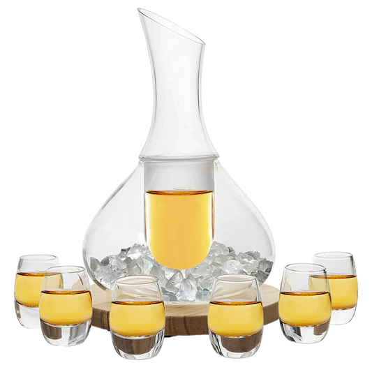 Sake Set Glasses Japanese, 15 Ounce, With 6-1oz Crystal Saki Cups Set, for Warmer or Cold Japanese Wine Drinking with a Wooden Stone Coaster by The Wine Savant, Cups & Carafe Japanese Gifts Set-0