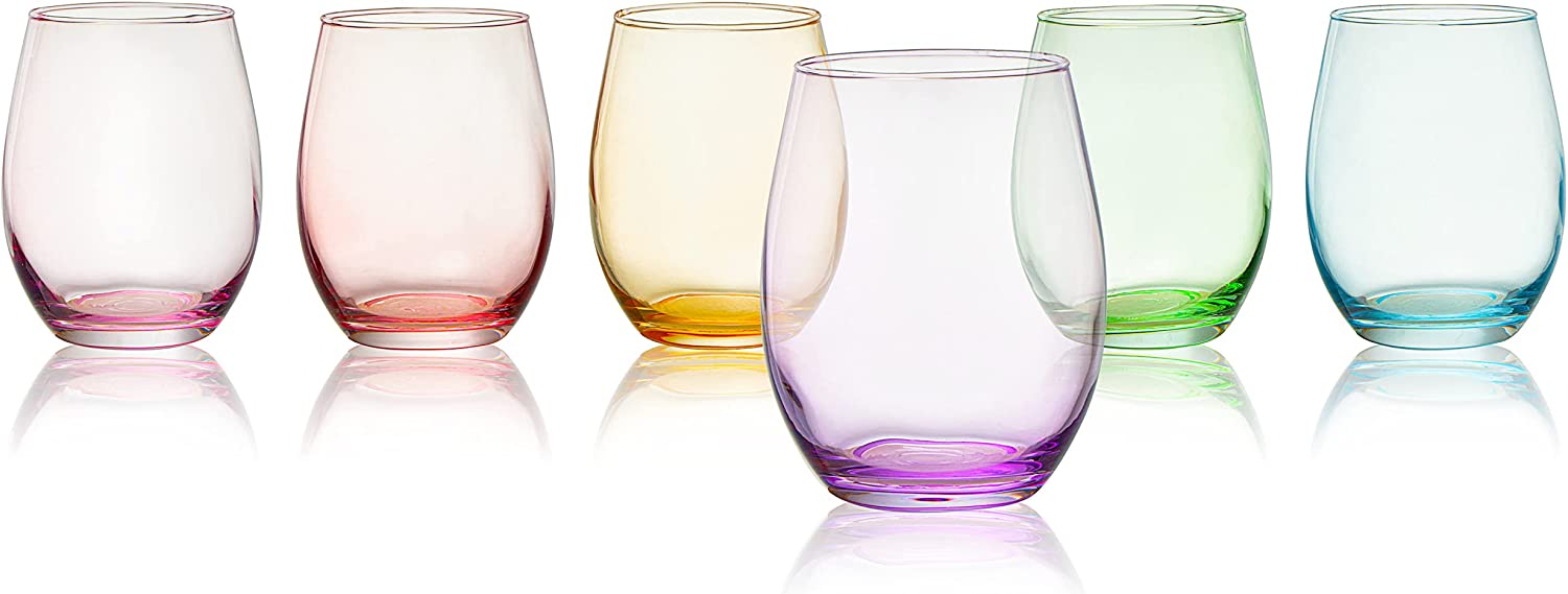 Colored Wine Glass Set, Large 12 oz Glasses Set of 6, Unique Italian Style Tall Stemless for White& Red Wine, Water, Margarita Glasses, Color Tumbler, Beautiful Glassware (Stemless)-3