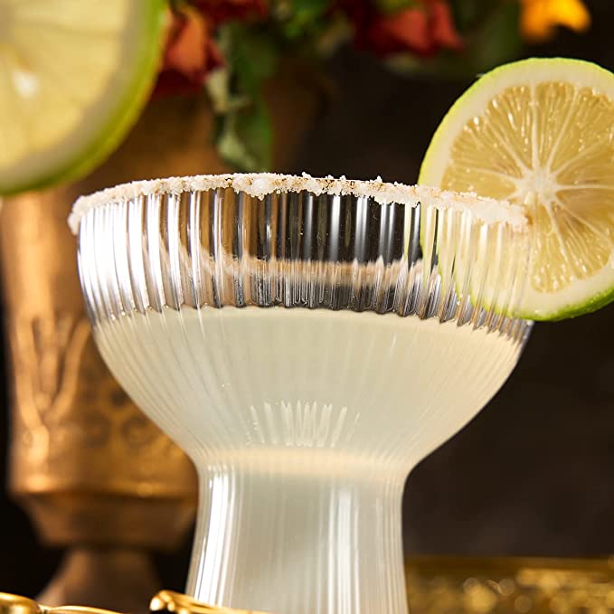 Ribbed Stemless Margarita, Martini & Champagne Glasses with Gold Rim - Set of 2 - Hand Blown Cocktail Luxury Coupe – Large Party, Elegant Ripple Design, Gilded, Premium Hand Blown Glassware (10 OZ)-2