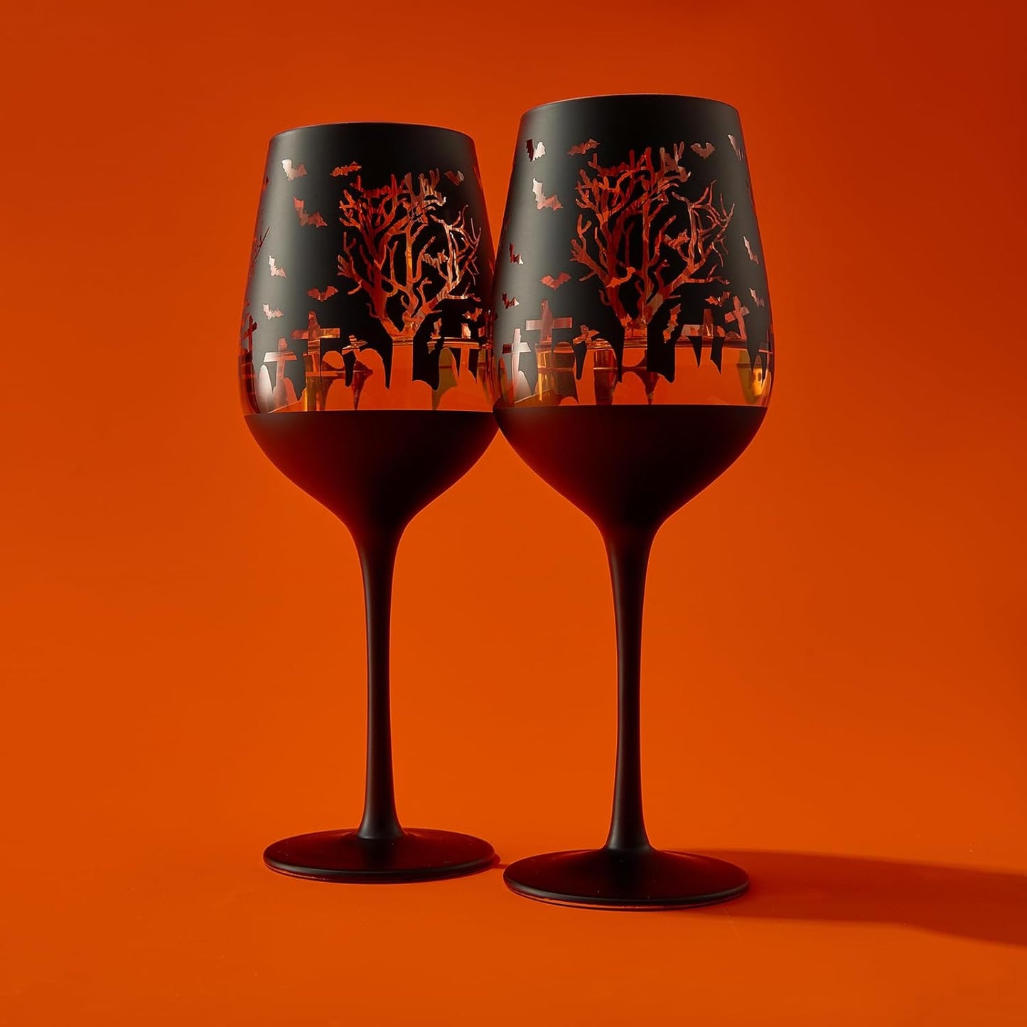 Crystal Halloween Stemmed Wine Glasses - Set of 2 - Themed Vibrant Black & Gold Etched Spooky Graveyard Pattern Frosted Glass, Perfect for Themed Gothic Parties Trick Or Treat Gift For Him Her (14 OZ)-1