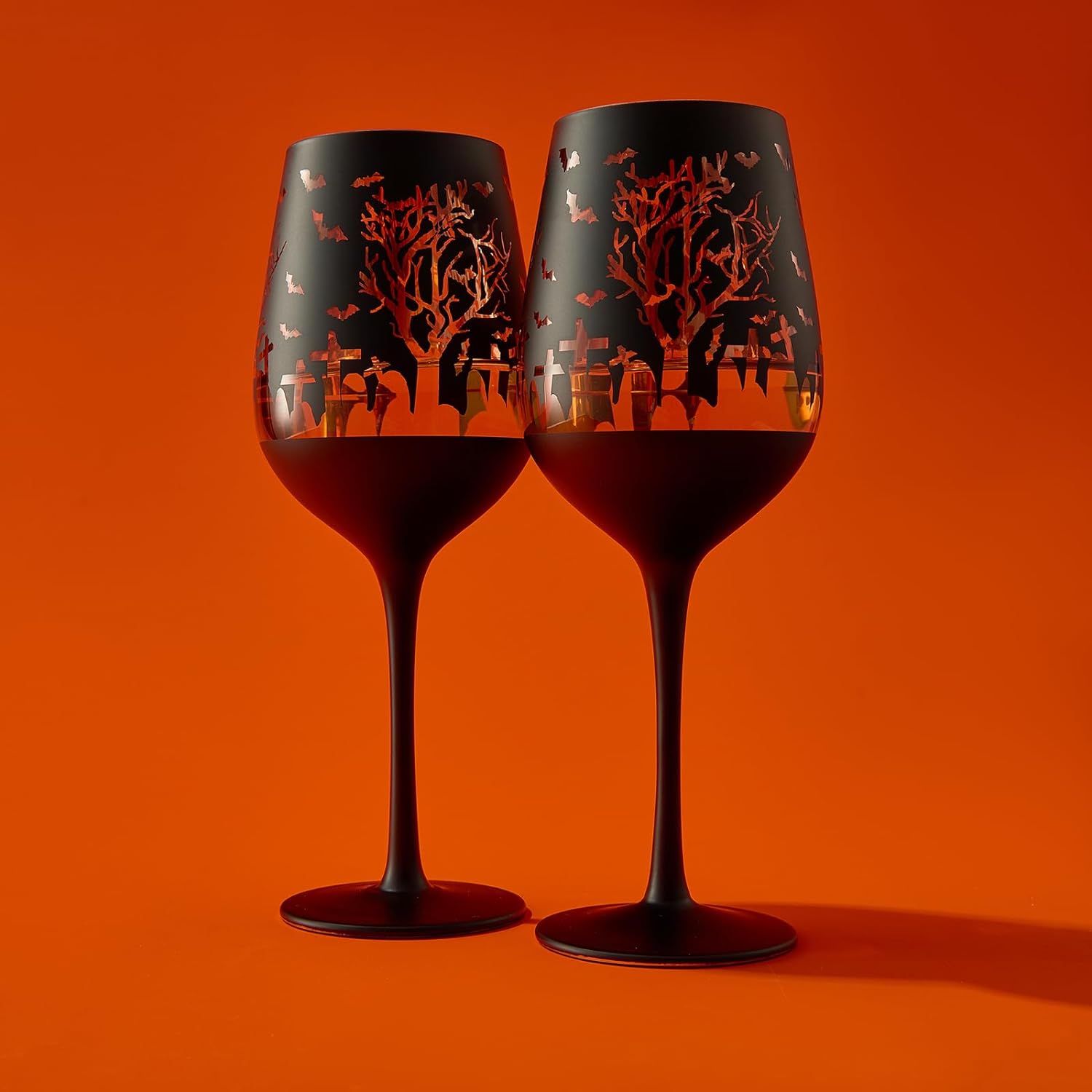 Crystal Halloween Stemmed Wine Glasses - Set of 2 - Themed Vibrant Black & Gold Etched Spooky Graveyard Pattern Frosted Glass, Perfect for Themed Gothic Parties Trick Or Treat Gift For Him Her (14 OZ)-1