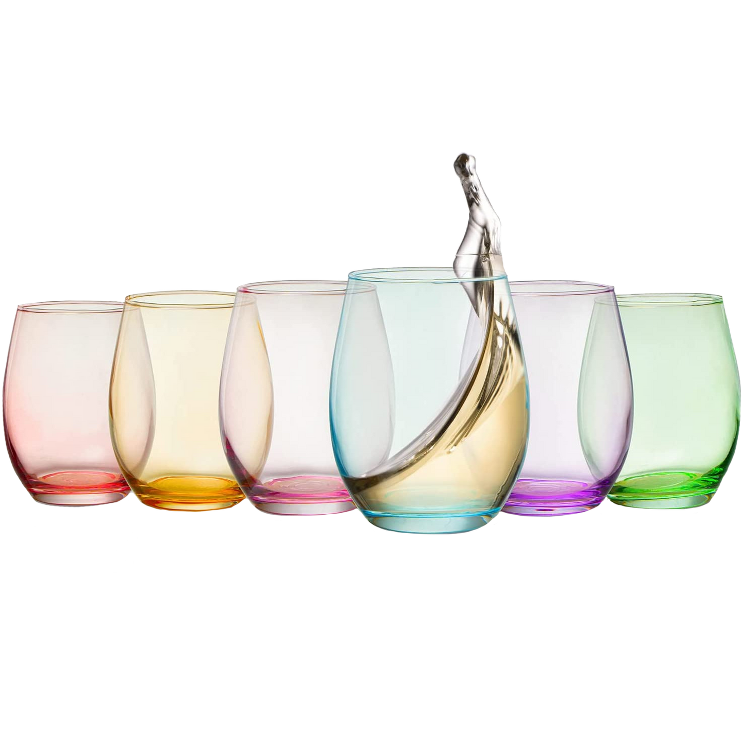 Colored Wine Glass Set, Large 12 oz Glasses Set of 6, Unique Italian Style Tall Stemless for White& Red Wine, Water, Margarita Glasses, Color Tumbler, Beautiful Glassware (Stemless)-0