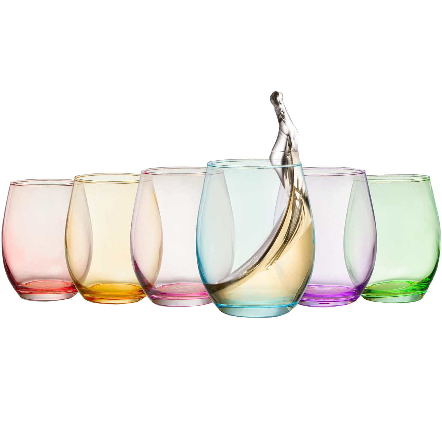 Colored Wine Glass Set, Large 12 oz Glasses Set of 6, Unique Italian Style Tall Stemless for White& Red Wine, Water, Margarita Glasses, Color Tumbler, Beautiful Glassware (Stemless)-0