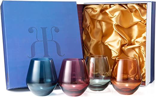 Colored Stemless Crystal Wine Glass Set of 4, Gift For Her, Him, Wife, Friend - Large 16 oz Glasses, Unique Italian Style Tall Drinkware - Red & White, Dinner, Color Beautiful Glassware - (Pastel)-3