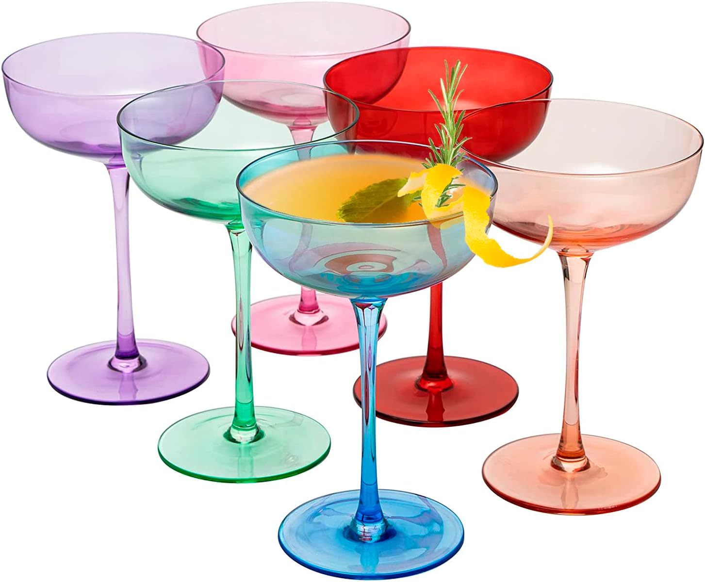 Colored Coupe Glasses | Set of 6 | 7 oz Classic Cocktail Glassware for Champagne, Martini, Manhattan, Cosmopolitan, Crystal Speakeasy Style Goblets Stems, Elegantly Color (Classic Multicolor)-4