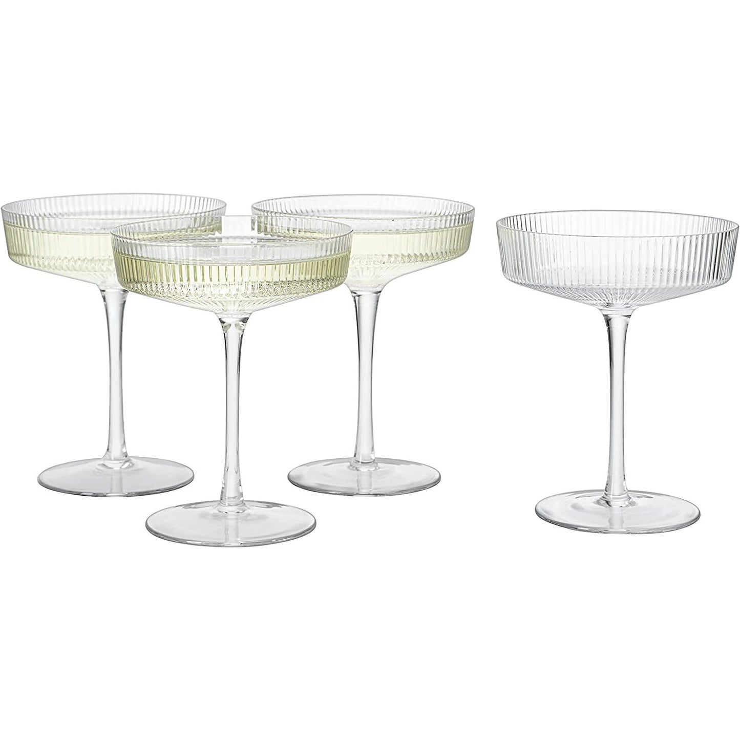 Ribbed Coupe Cocktail Glasses 8 oz | Set of 4 | Classic Manhattan Glasses For Cocktails, Champagne Coupe, Ripple Coupe Glasses, Art Deco Gatsby Vintage, Crystal with Stems (Clear)-4