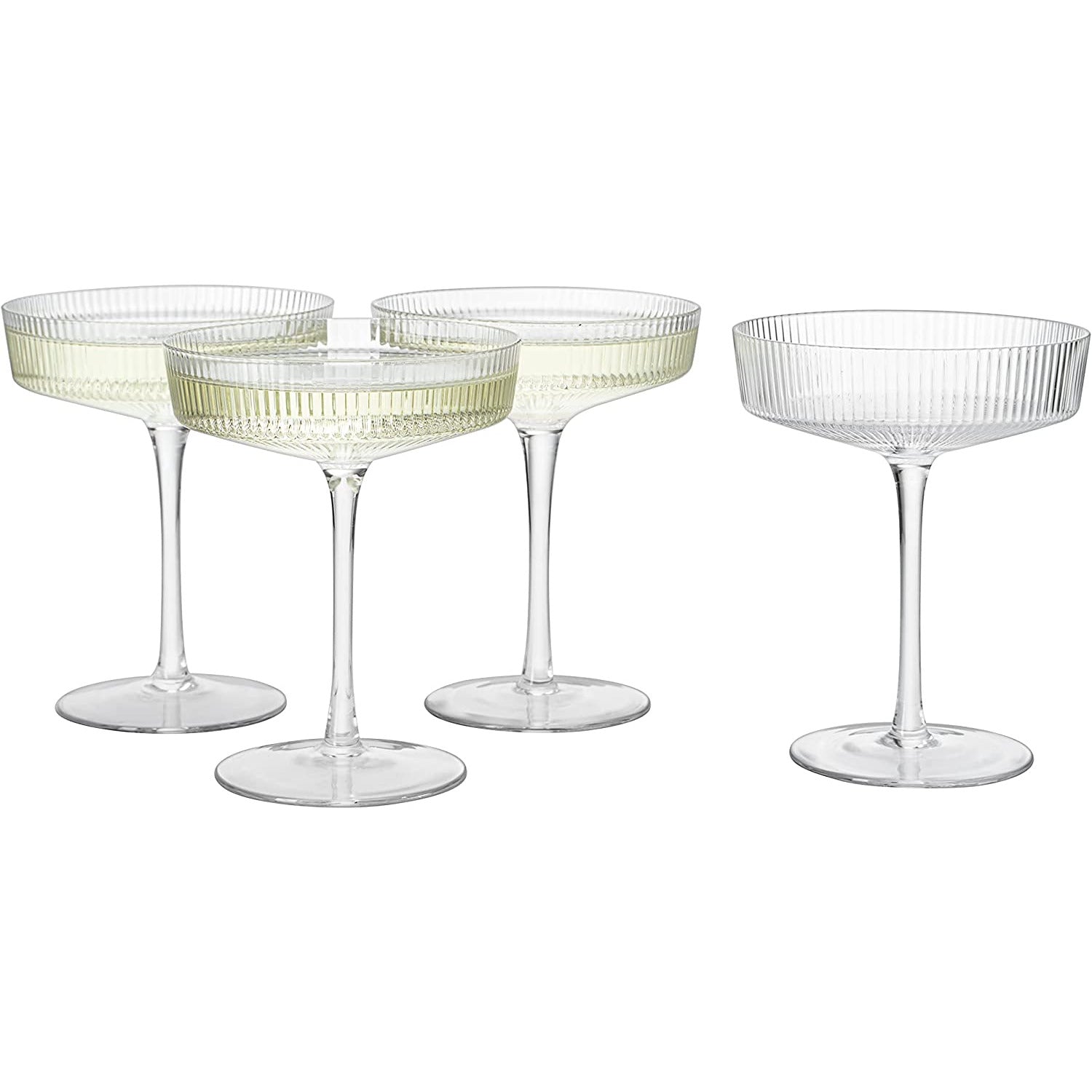 Ribbed Coupe Cocktail Glasses 8 oz | Set of 4 | Classic Manhattan Glasses For Cocktails, Champagne Coupe, Ripple Coupe Glasses, Art Deco Gatsby Vintage, Crystal with Stems (Clear)-4