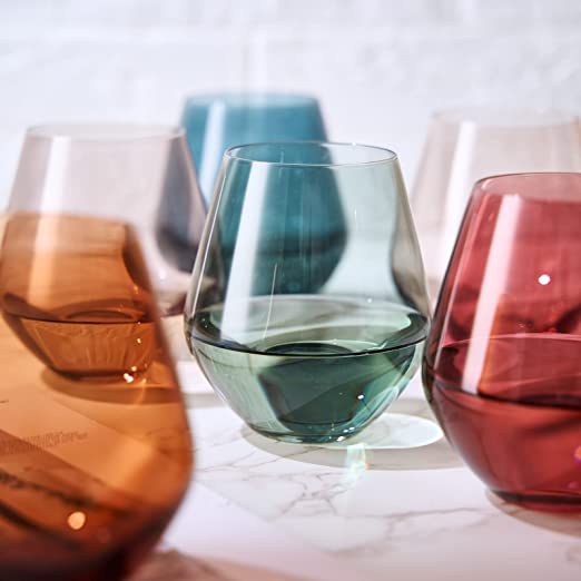 Colored Stemless Crystal Wine Glass Set of 4, Gift For Her, Him, Wife, Friend - Large 16 oz Glasses, Unique Italian Style Tall Drinkware - Red & White, Dinner, Color Beautiful Glassware - (Pastel)-2