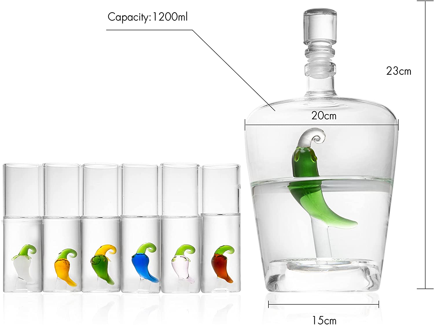 Tequila Decanter Set with Pepper Decanter and 6 Jalapeño Shot Glasses Set, Perfect for Holiday Gifts for Tequila Lovers, 25 Ounce Bottle, 3 Ounce Shot Glasses Cinco De Mayo, Reposado Gift (Pepper)-6