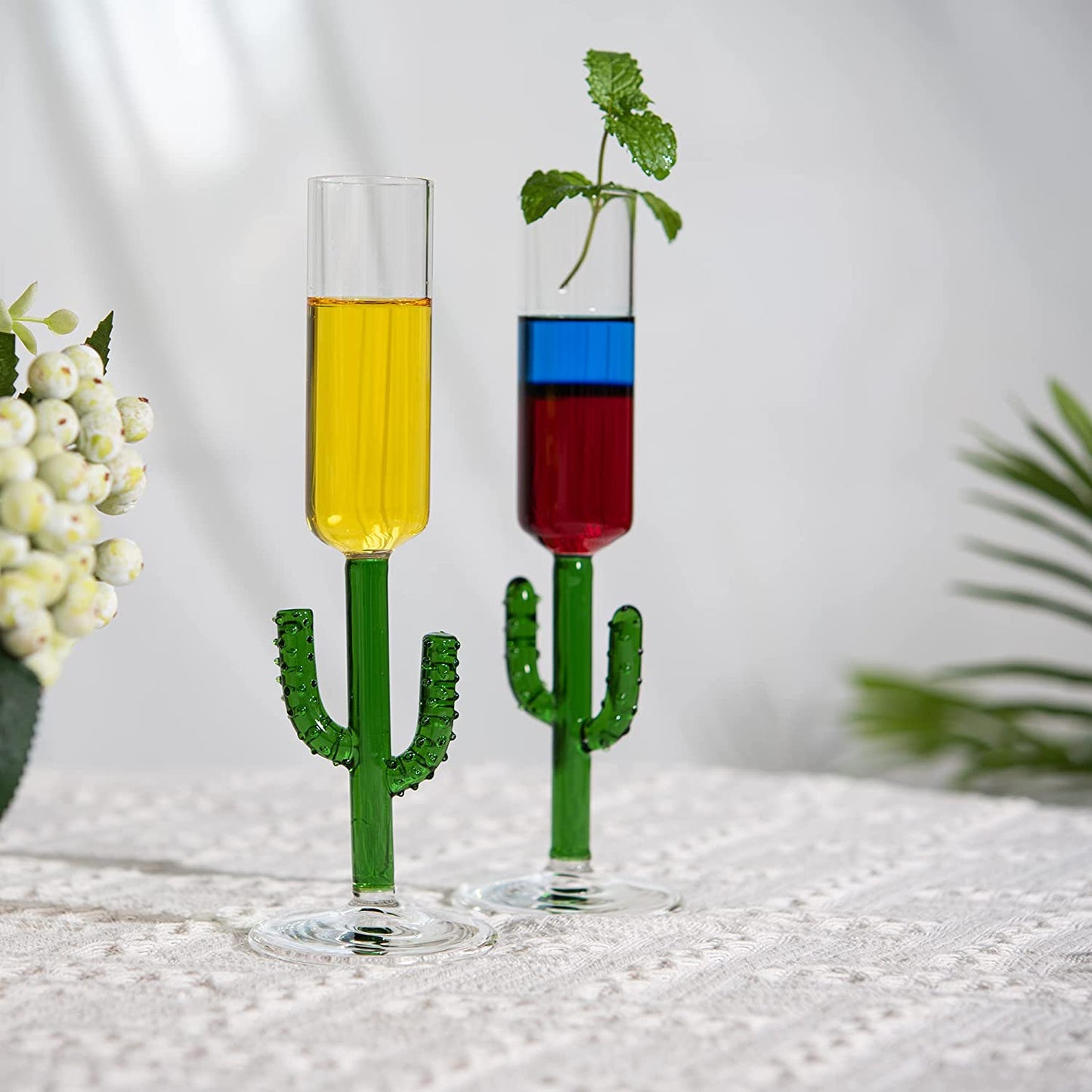 Cactus Shot Glasses 2.5oz - Cactus Gifts - Set of 4 - Green Colored Glass Blown Figurines Plant Decorations - Shot Glass Cocktail Glasses Wedding Party Glasses, Great for Parties 1.75"H - Handblown-1
