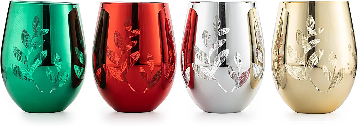 Multicolor 4-Piece Tree Stemless Wine & Water Glasses - Shining Red Green Yellow Silver, Housewarming Gift For Her, Him Party Décor, Colored Glass Trees Décor, Kitchen Home Decoration (Stemless)-4