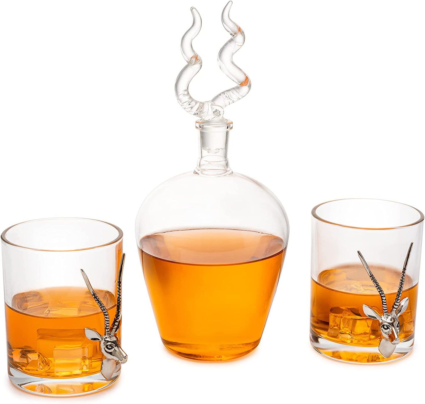 Stag Antler Whiskey Decanter Set 8.5" H with 2 Stag 12oz Glasses - Hunting Liquor Scotch Bourbon Gift for Him by The Wine Savant - Stag Deer Figurine, Hunter Gifts Luxury Decanter 750ml-4