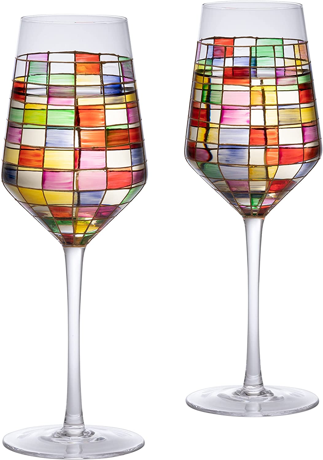The Wine Savant Renaissance Stained Wine Glasses Set of 2 Festive Colorful Coffee Cups, Multicolored, Home Bar Gift, Colored Drinkware, Rainbow Glassware (Stemmed)-4