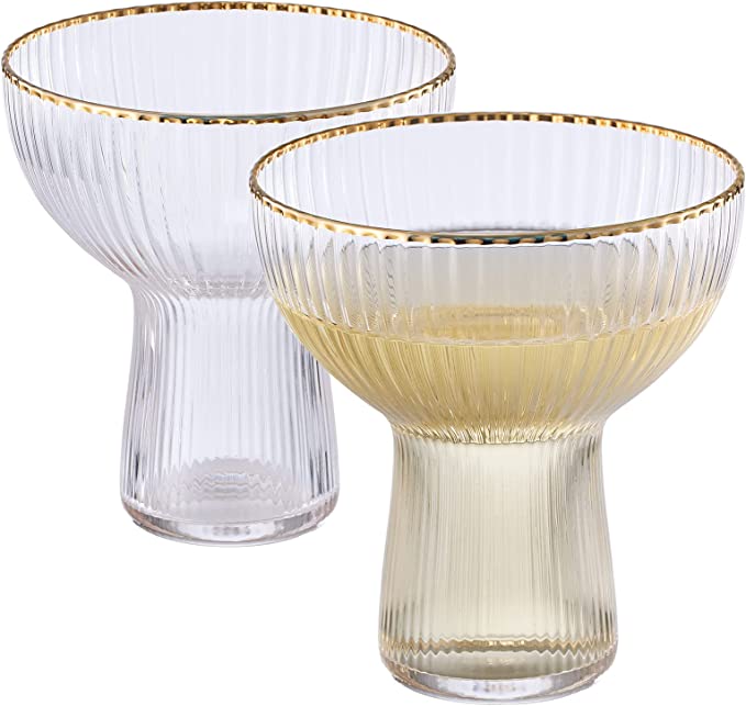 Ribbed Stemless Margarita, Martini & Champagne Glasses with Gold Rim - Set of 2 - Hand Blown Cocktail Luxury Coupe – Large Party, Elegant Ripple Design, Gilded, Premium Hand Blown Glassware (10 OZ)-4