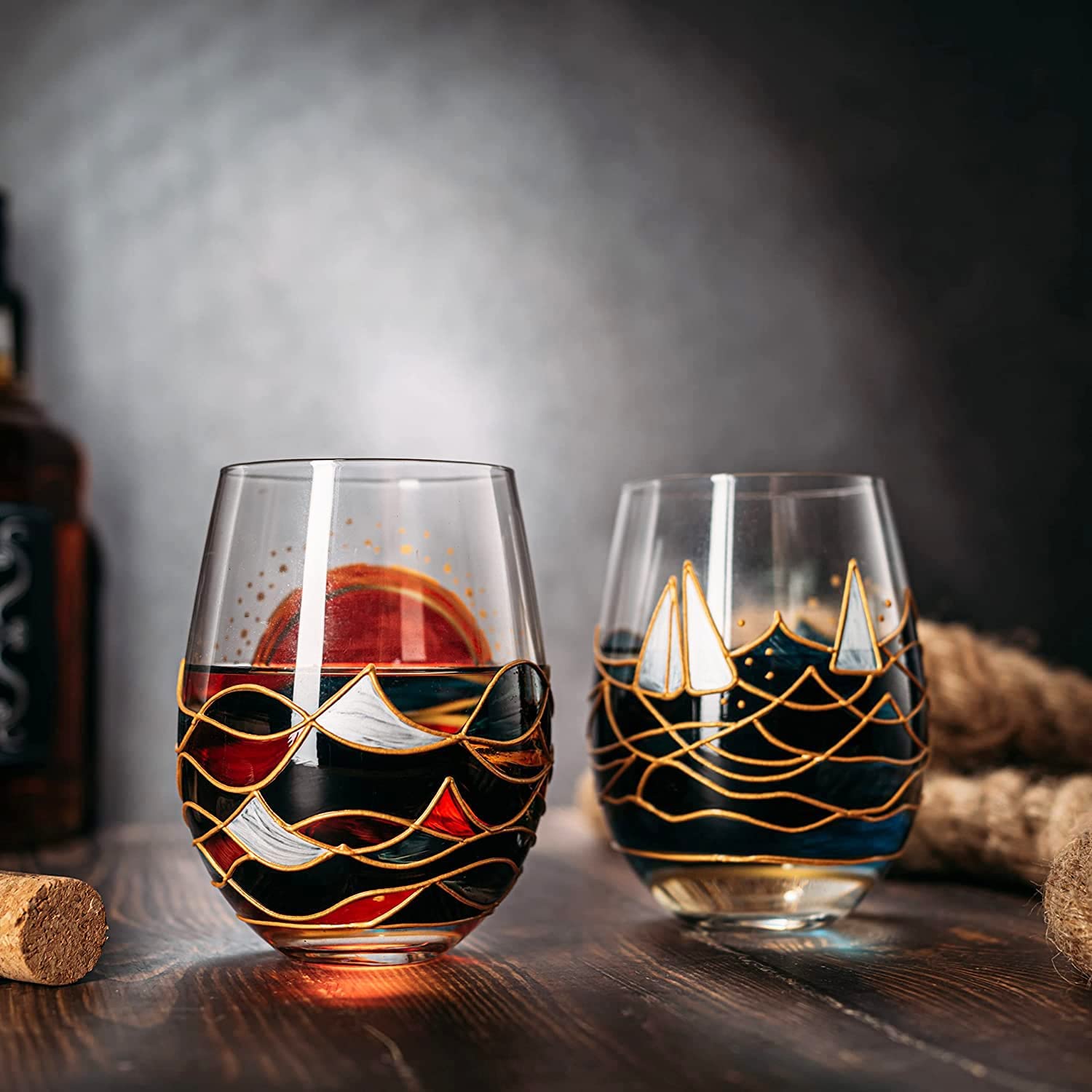 Artisanal Hand Painted Sunrise Glasses, Stemless Set of 2 Wine, Water & Whiskey Glasses - The Wine Savant - Crystal Tumblers - Gift Idea for Her, Him, Birthday, Housewarming - Large Goblets (18.5 OZ)-3
