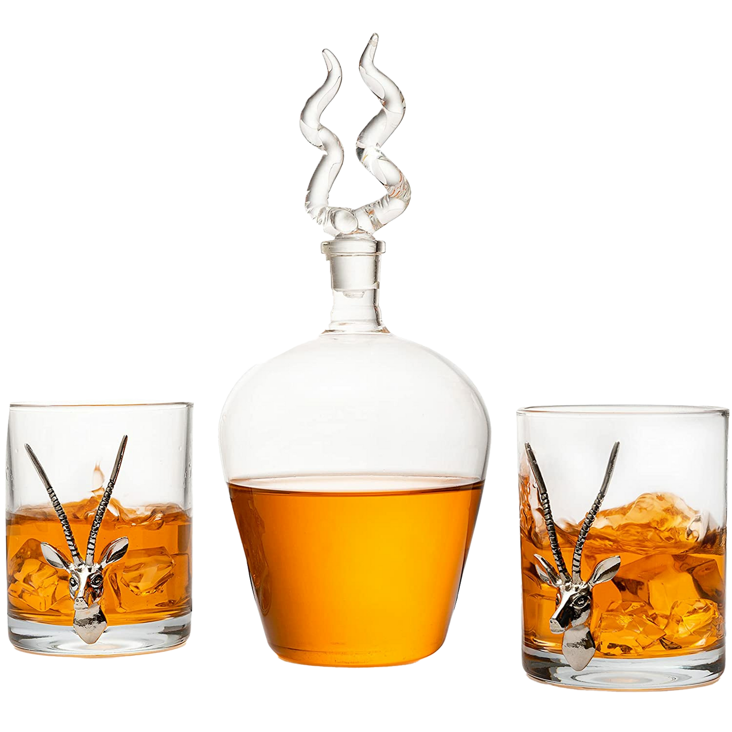 Stag Antler Whiskey Decanter Set 8.5" H with 2 Stag 12oz Glasses - Hunting Liquor Scotch Bourbon Gift for Him by The Wine Savant - Stag Deer Figurine, Hunter Gifts Luxury Decanter 750ml-0