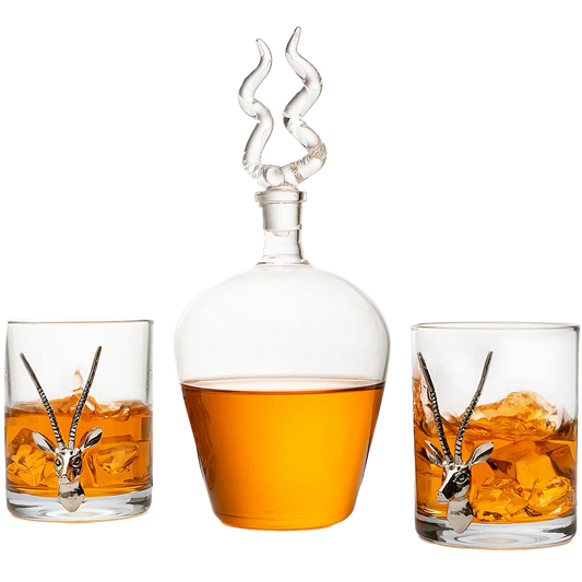 Stag Antler Whiskey Decanter Set 8.5" H with 2 Stag 12oz Glasses - Hunting Liquor Scotch Bourbon Gift for Him by The Wine Savant - Stag Deer Figurine, Hunter Gifts Luxury Decanter 750ml-0