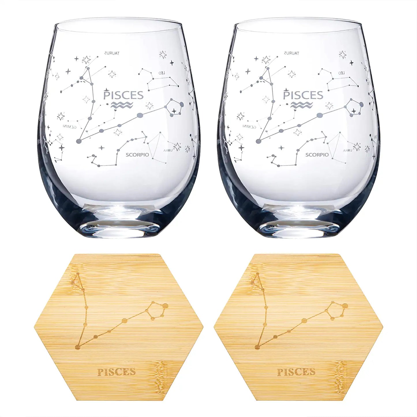 Set of 2 Zodiac Sign Wine Glasses with 2 Wooden Coasters by The Wine Savant - Astrology Drinking Glass Set with Etched Constellation Tumblers for Juice, Water Home Bar Horoscope Gifts 18oz (Pisces)-4