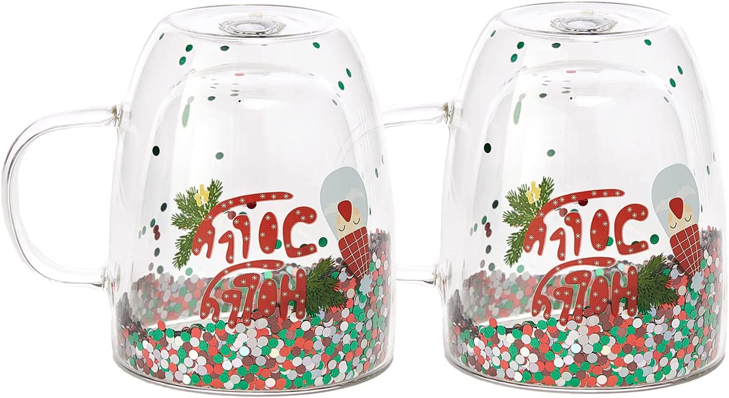 Set of 2 Holly Jolly Christmas Design Tumbler Mugs - Confetti Filled 9.5 oz Decorated Christmas Glass - Perfect for Wine, Eggnog, Cocoa, Holiday Parties & Festivities - 4.25" High, 9.5 oz Capacity-5