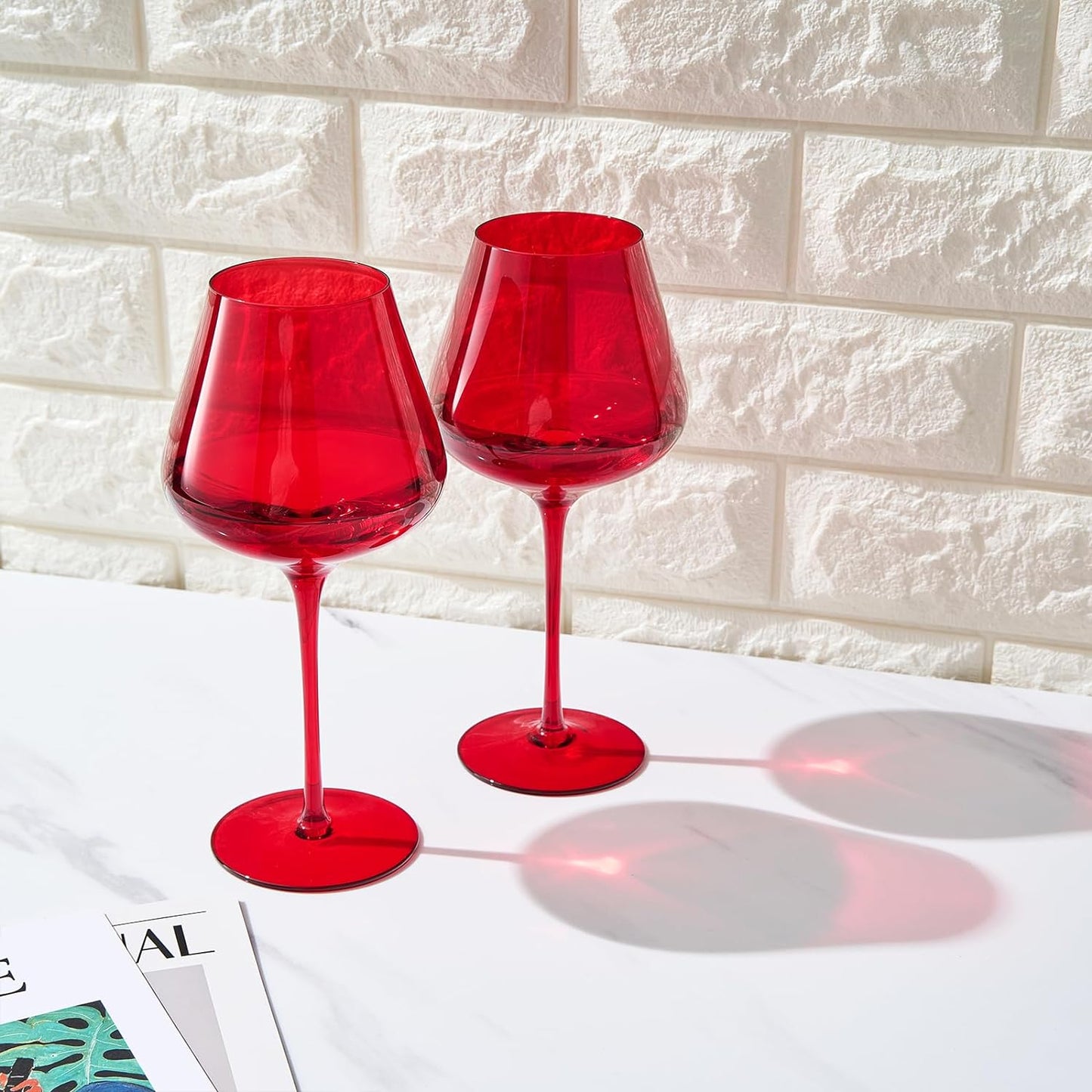 Crystal Christmas Holiday Red Colored Crystal Wine Glass Set of 2, Gift For Hosting, Her, Wife, Mom Friend - Large 20 oz Glasses, Unique Italian Style Tall Drinkware - Red & White, Color Glassware-1