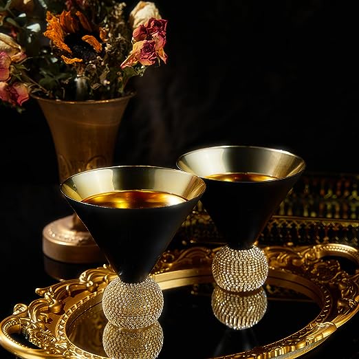 The Wine Savant Diamond Studded Martini Glasses Set of 2 Black & Gold Rimmed Modern Cocktail Glass, Rhinestone With Stemless Crystal Ball Base, Bar or Party 10.5oz, Swarovski Style Crystals-1