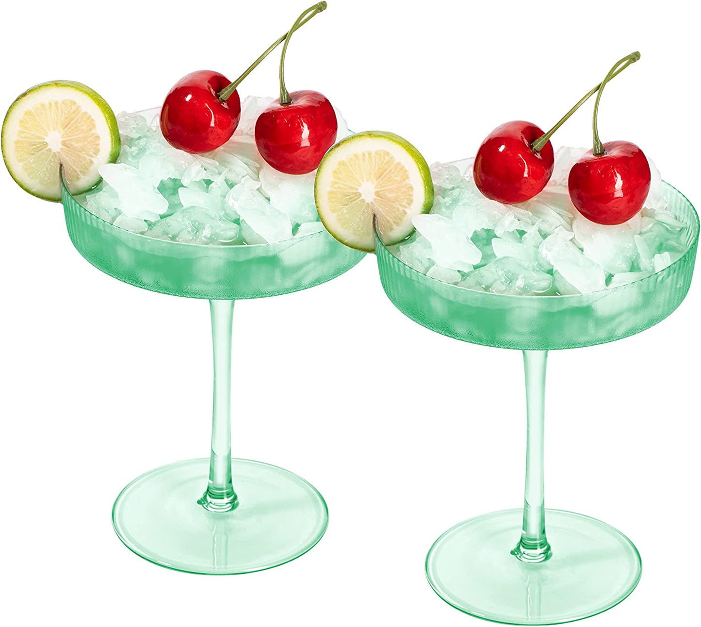 Ribbed Coupe Cocktail Glasses 8 oz | Set of 2 | Classic Manhattan Glasses For Cocktails, Champagne Coupe, Ripple Coupe Glasses, Art Deco Gatsby Vintage, Crystal with Stems (Green, Set of 2)-5