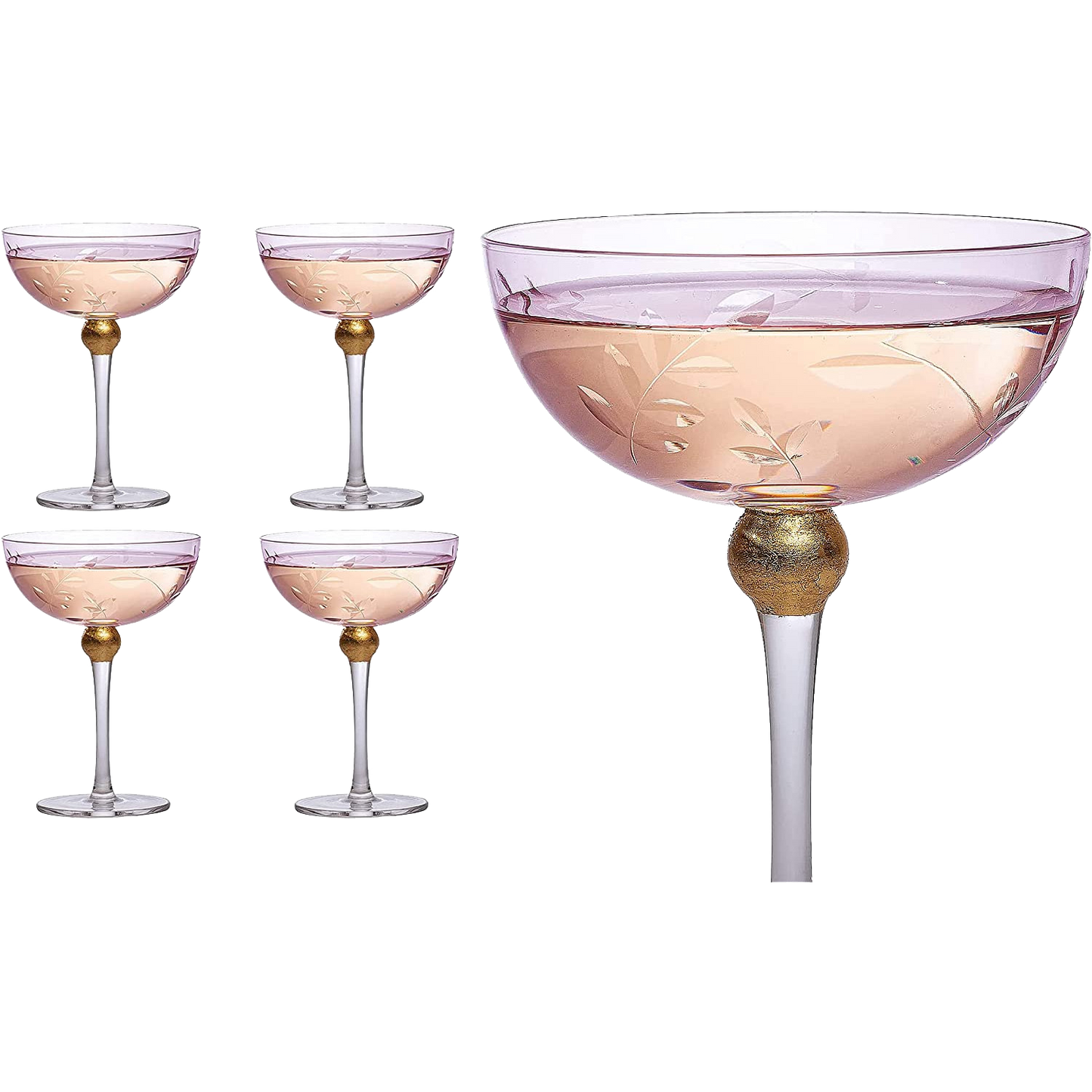 Colored Coupe Art Deco Glasses, Gold | Set of 4 | 8 oz Classic Cocktail Glassware for Champagne, Martini, Manhattan, Sidecar, Crystal Speakeasy Style Goblets Stems (Pink)-0