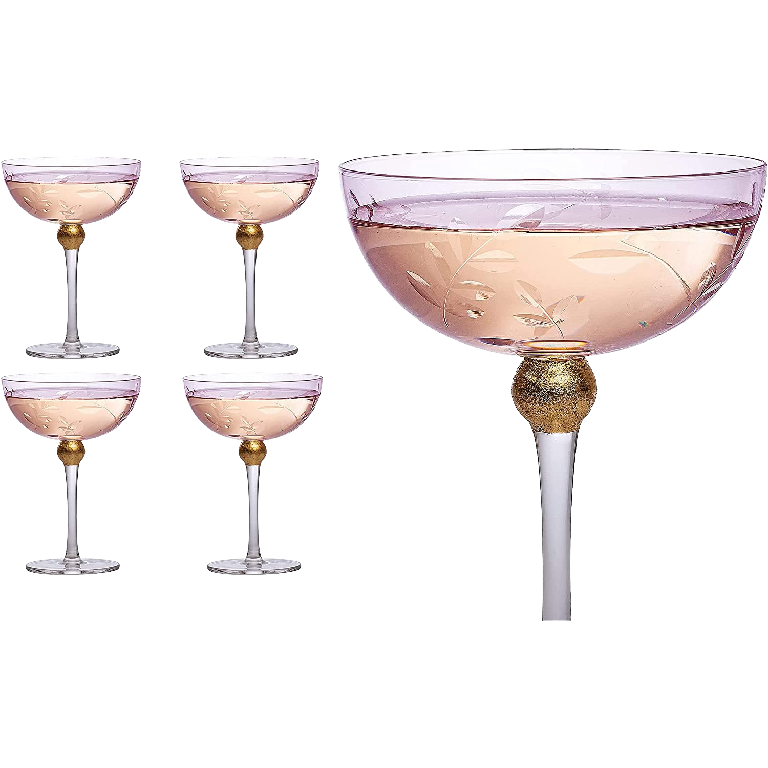 Colored Coupe Art Deco Glasses, Gold | Set of 4 | 8 oz Classic Cocktail Glassware for Champagne, Martini, Manhattan, Sidecar, Crystal Speakeasy Style Goblets Stems (Pink)-0