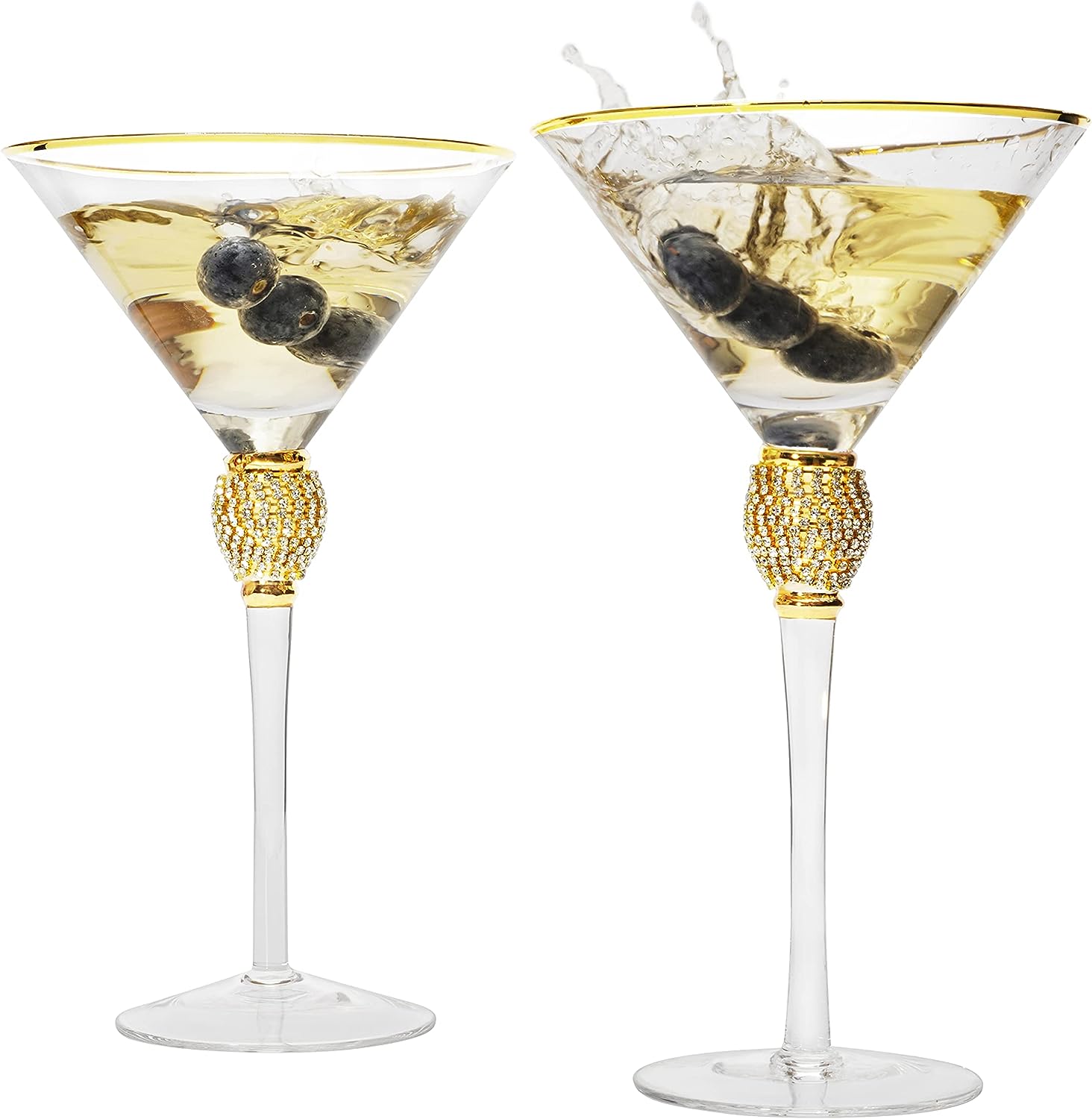 Diamond Collection 2 Piece Stemmed Martini Set - Rhinestone For Drinking Martinis, Manhattans, Vodka, Gin, Cocktails Gold Accent Cocktail Glasses, Perfect For Any Bar or Party 10oz - Swarovski Style-5