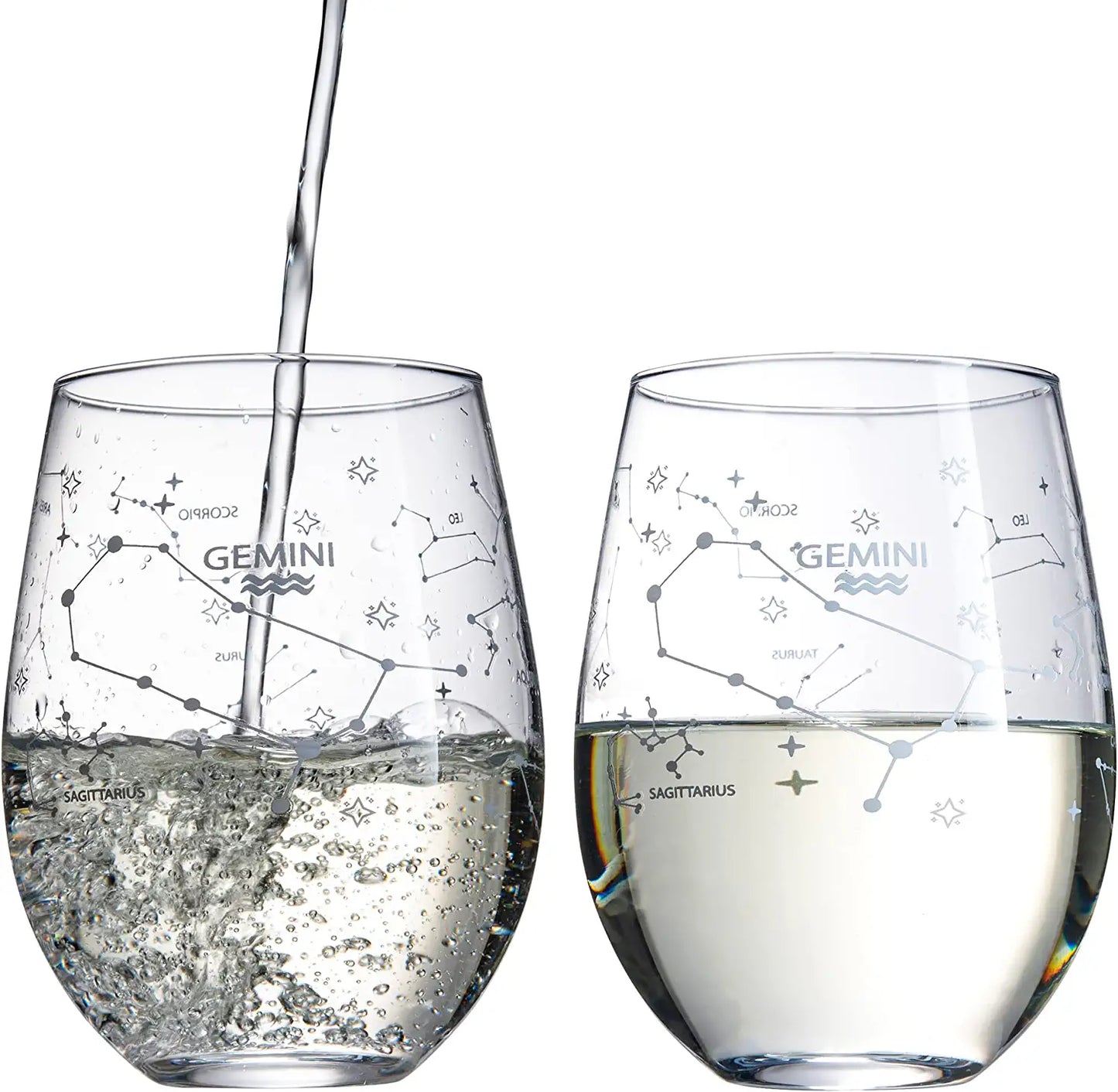 Set of 2 Zodiac Sign Wine Glasses with 2 Wooden Coasters by The Wine Savant - Astrology Drinking Glass Set with Etched Constellation Tumblers for Juice, Water Home Bar Horoscope Gifts 18oz (Gemini)-5