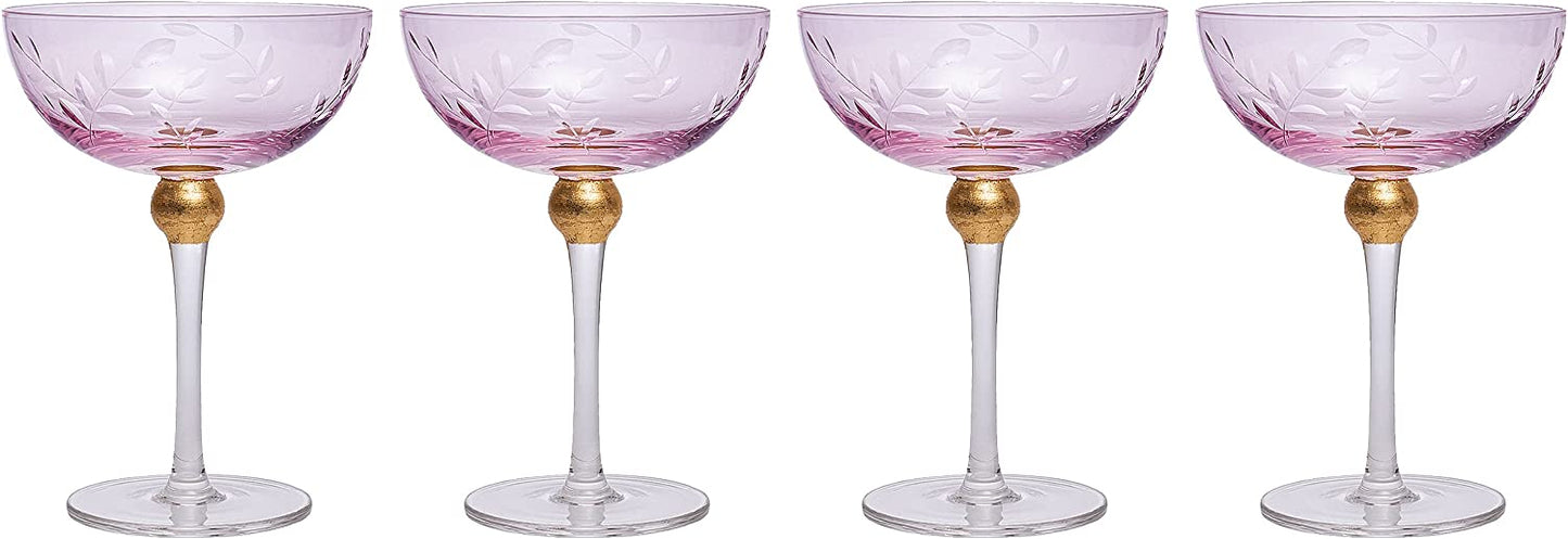 Colored Coupe Art Deco Glasses, Gold | Set of 4 | 8 oz Classic Cocktail Glassware for Champagne, Martini, Manhattan, Sidecar, Crystal Speakeasy Style Goblets Stems (Pink)-6